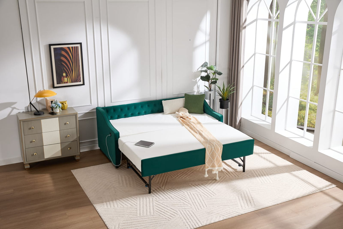 Emerald Velvet Twin Daybed with Trundle - USB Port for Living Room