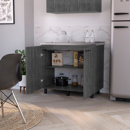 Gray Wood Utility Sink Cabinet with 2 Bowls
