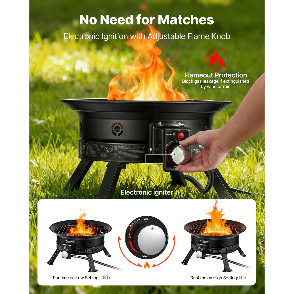 19 Inch Portable Propane Fire Pit - Black Stainless Steel Outdoor Heating