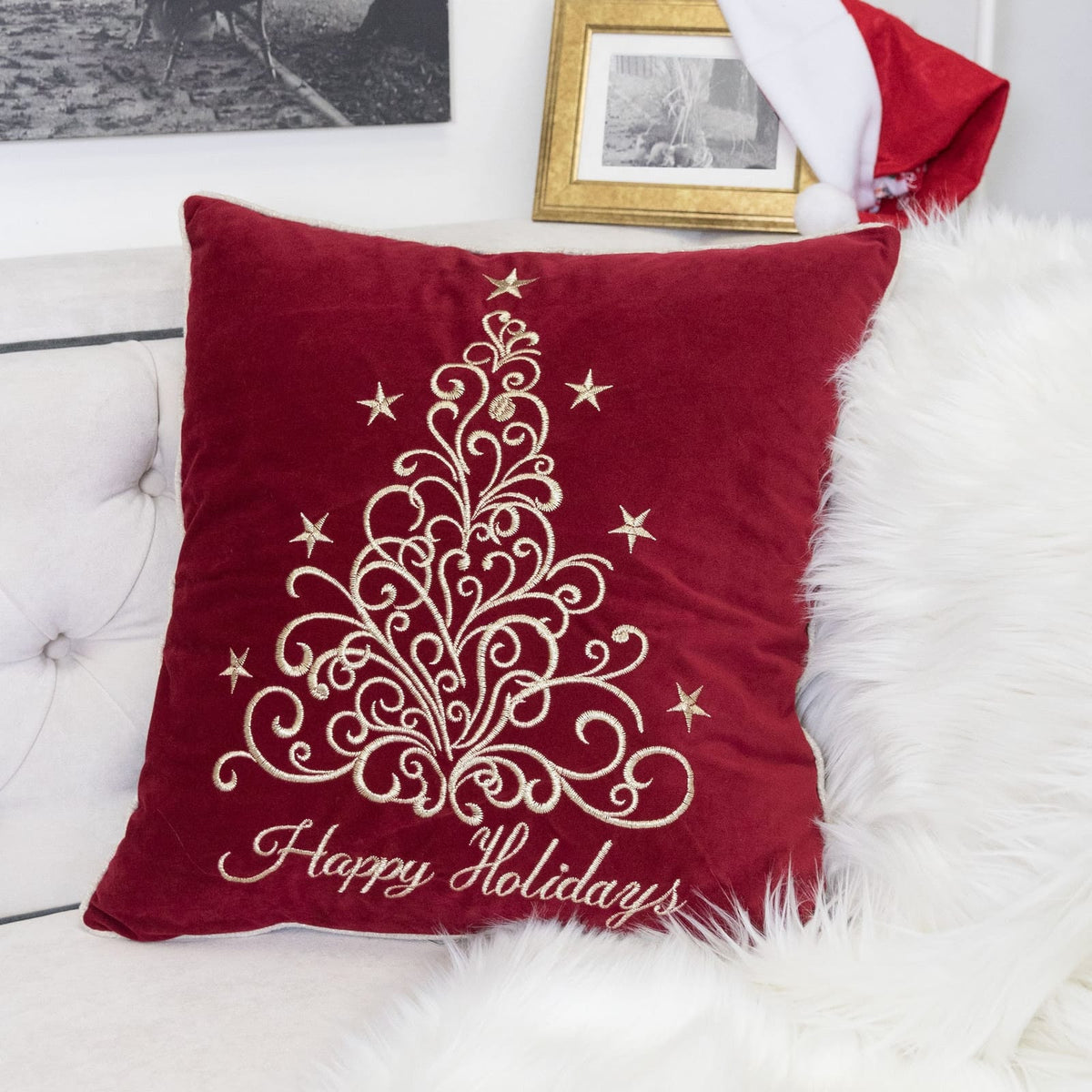 Happy Holidays Embroidered Velvet Throw Pillow 20x20" Red Christmas Accent