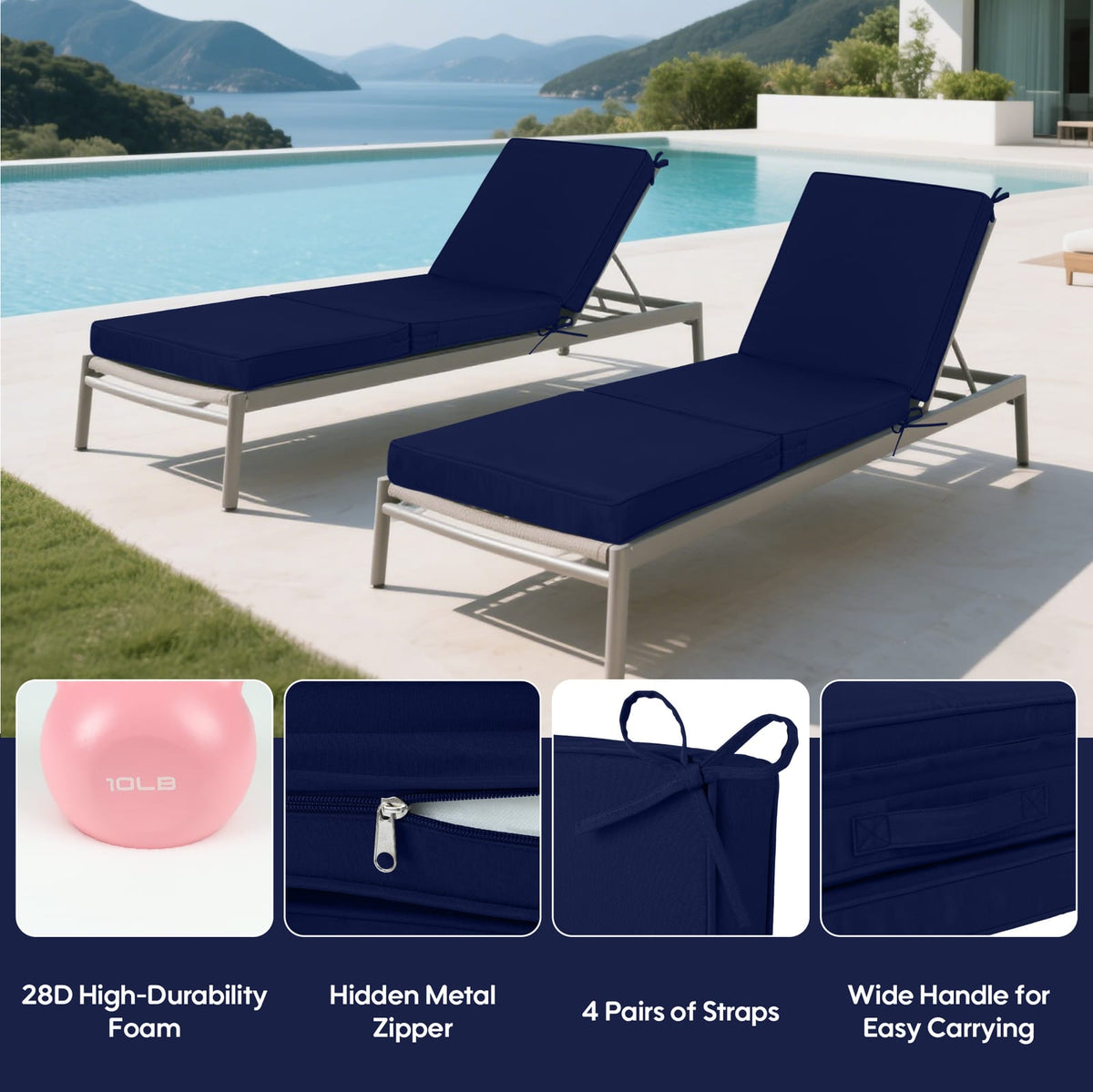 Navy Blue Outdoor Chaise Lounge Cushions - 71" Tri-Fold Replacement