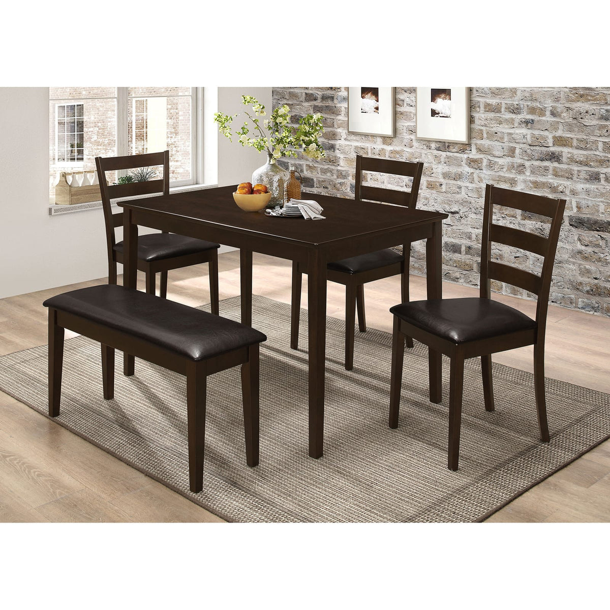 Brown Rectangular Dining Table with Chairs and Bench for Dining Room