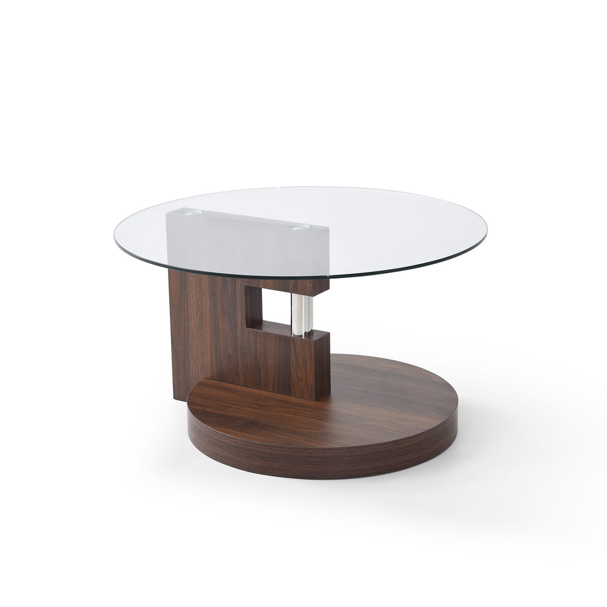 Modern Round Glass Table - Walnut & Grey Storage