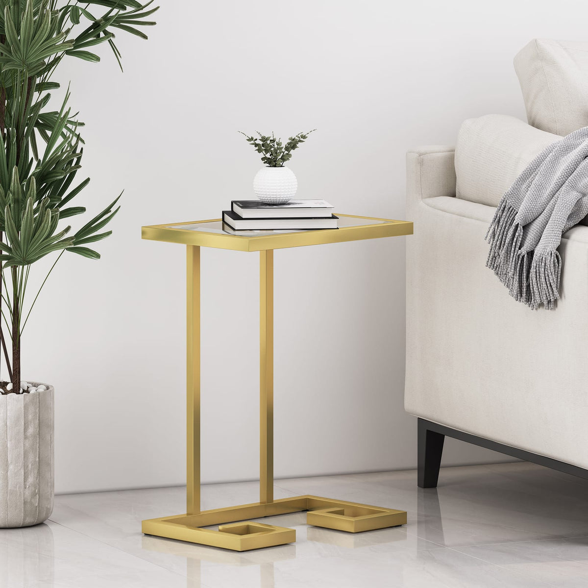 Gold Iron C-Shaped End Table with Tempered Glass Top for Living Room