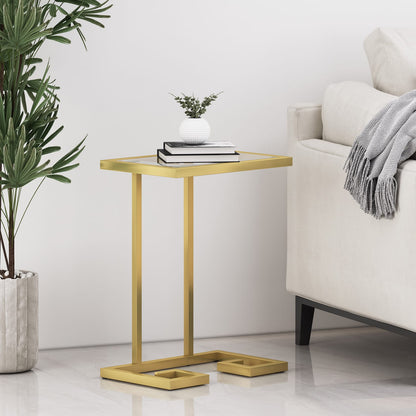 Gold Iron C-Shaped End Table with Tempered Glass Top for Living Room