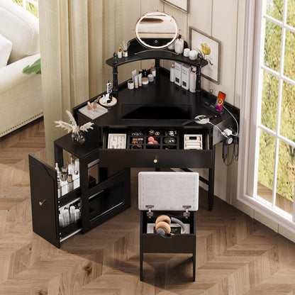 Black Corner Vanity Desk Set - Storage & Charging Station