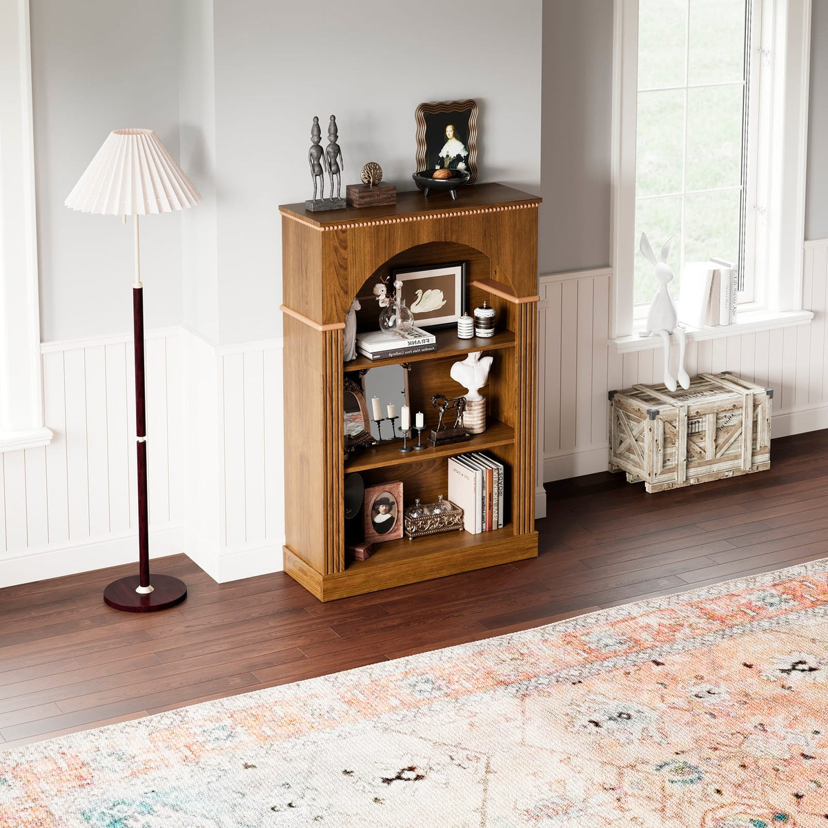 Walnut Melamine Arched Bookshelf - 3 Tier Display Shelf for Living Room