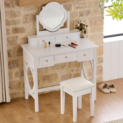 White Engineered Wood Makeup Vanity Table with Stool for Bedroom