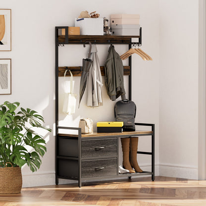 Rustic Brown Hall Tree Bench - 5-in-1 Entryway Storage