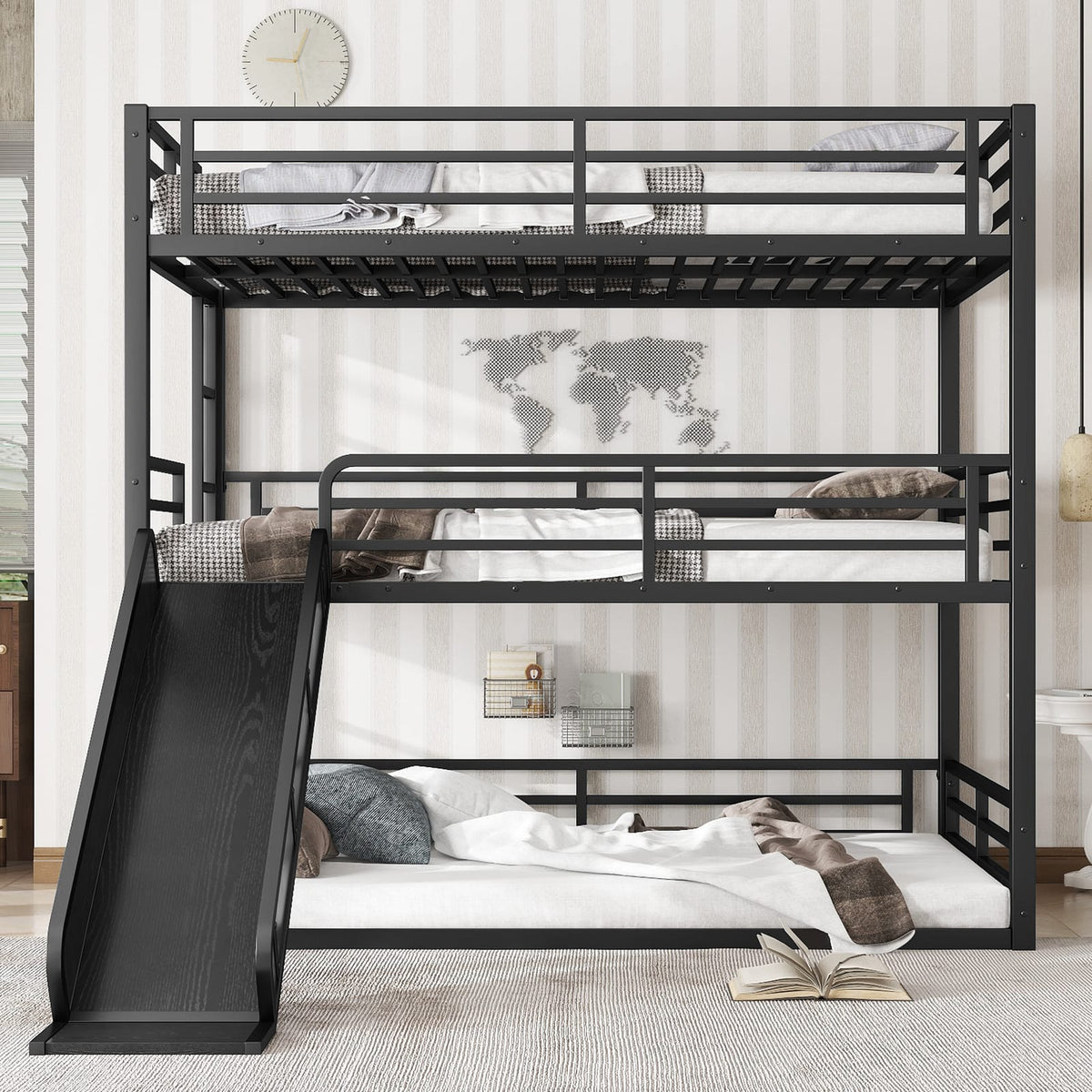 Triple Bunk Bed with Slide - Metal, Black for Bedroom