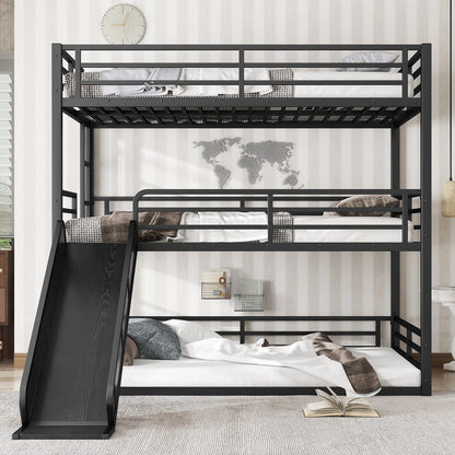 Triple Bunk Bed with Slide - Metal, Black for Bedroom