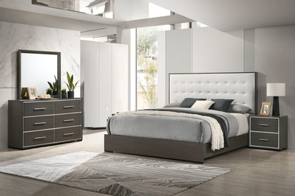 Gray Beige Twin Size Panel Bed Button Tufted Headboard