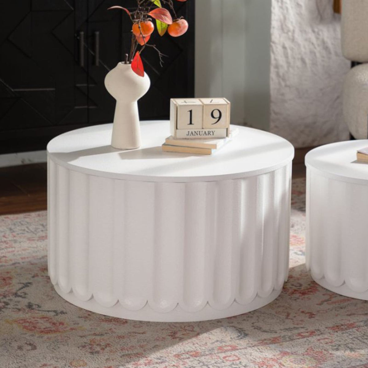 White Round Storage Table Set - Lift-Off Lid, Modern Design