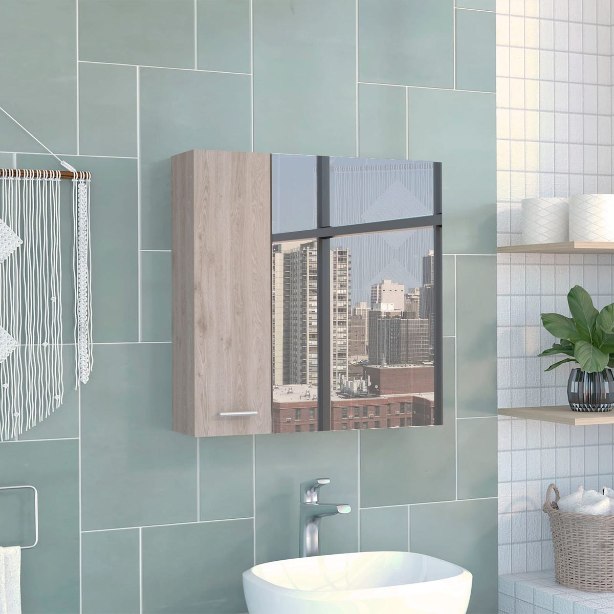 Light Gray Bathroom Storage Cabinet with Mirror