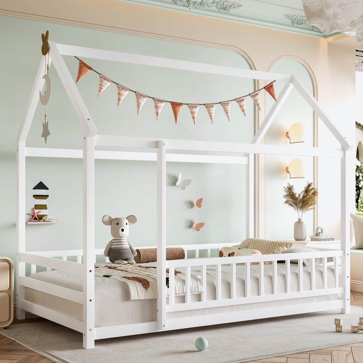 Twin Size Wooden Bed with House Roof Frame, White for Bedroom