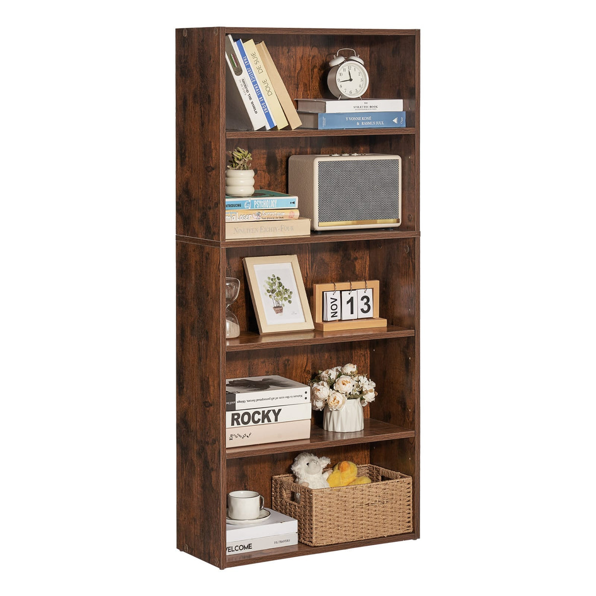 5-Tier Brown Bookcase - Tall Bookshelf for Bedroom for Living Room