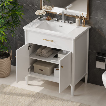 30 Inch White Bathroom Vanity with Sink - MDF & Rubber Wood