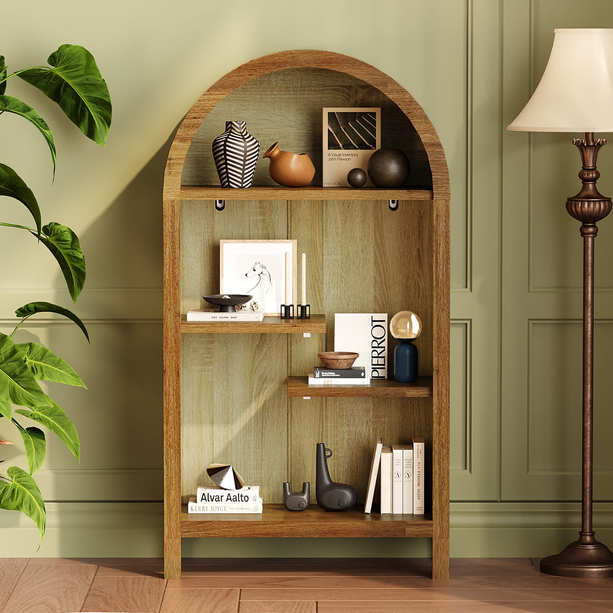 Walnut Melamine Arched Display Cabinet for Entryway or Living Room Storage