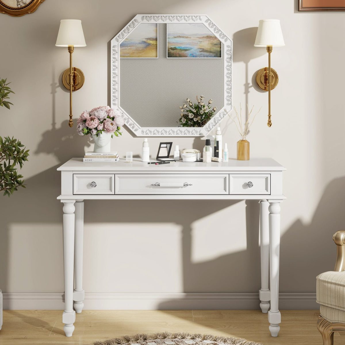 White Makeup Desk with Mirror - 3 Drawers, Storage Console Table for Bedroom