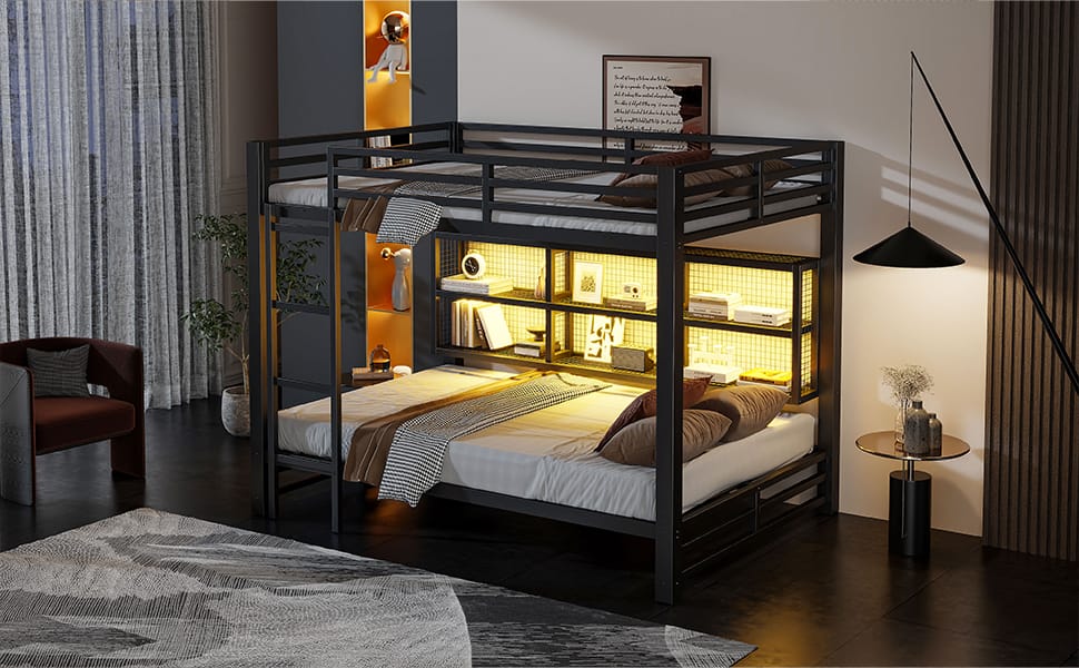 Queen Bunk Bed with Storage - Metal Black for Bedroom