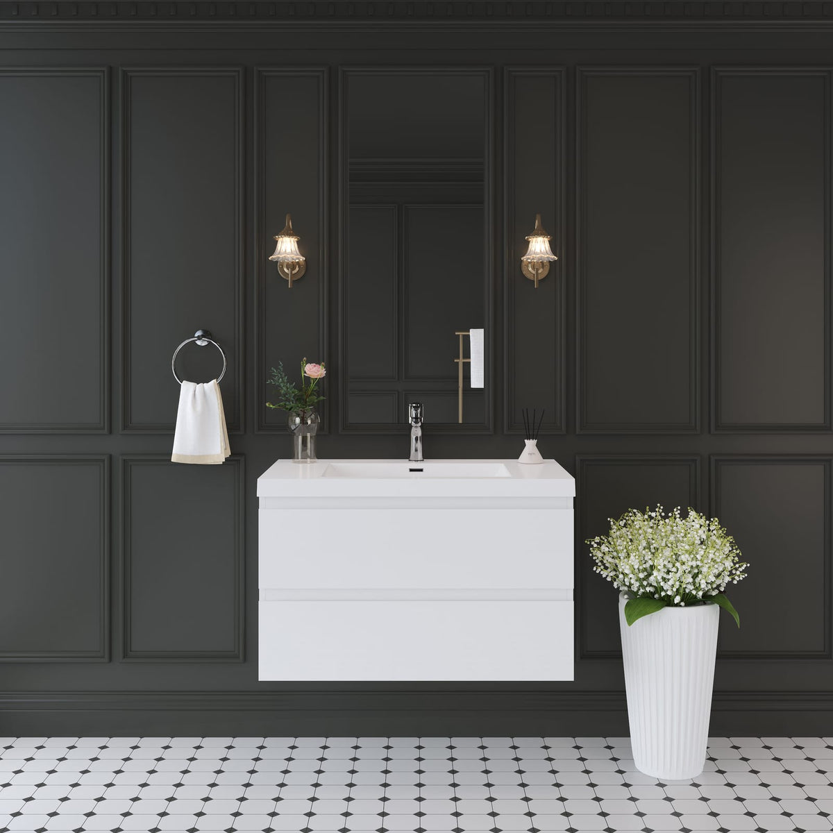 35.4 Inch Glossy White Wall-Mounted Bathroom Vanity with Resin Sink