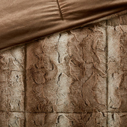 King Size Brown Polyester Faux Fur Comforter Set