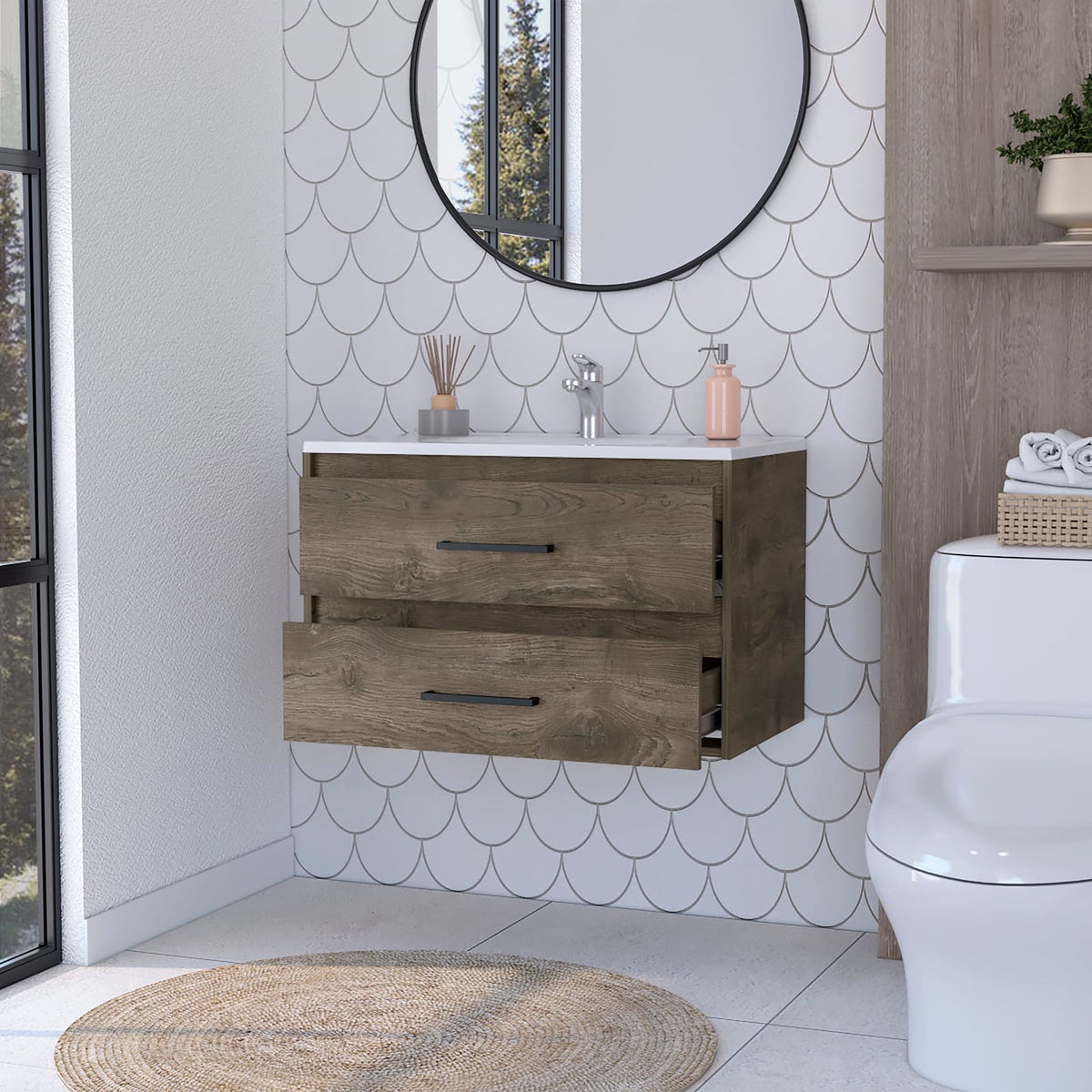 Maine Bathroom Vanity - Wall Mounted, 2 Drawers, Multicolor Particle Board