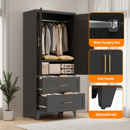 71 Inch Tall Black Steel Wardrobe Cabinet with Drawers