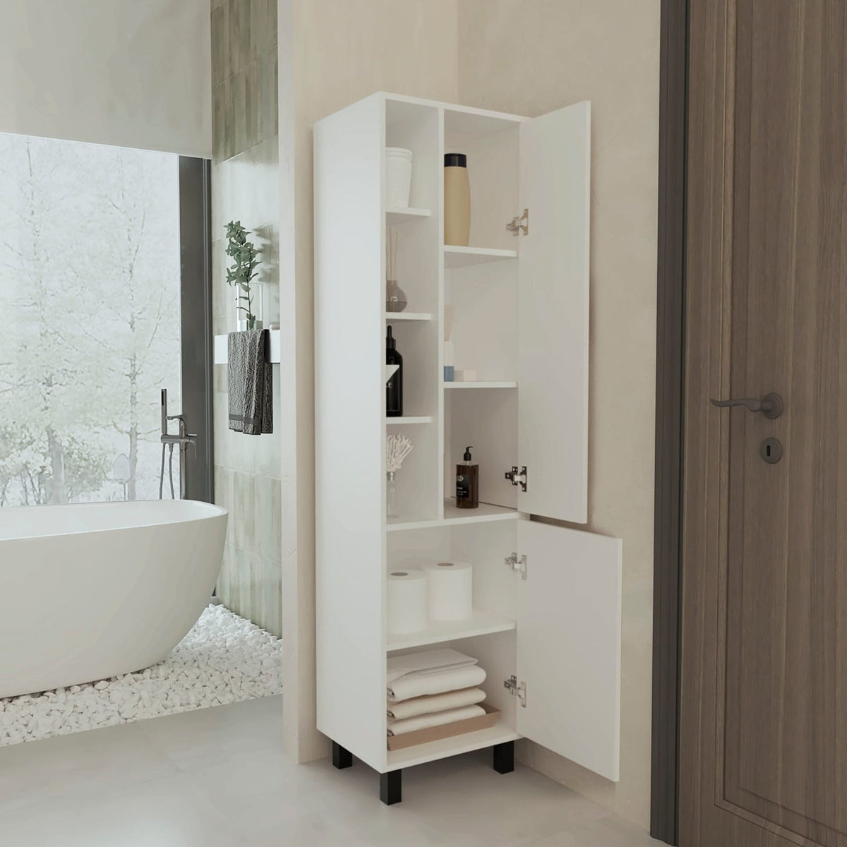 White Bathroom Cabinet with Open Shelves & 2 Doors