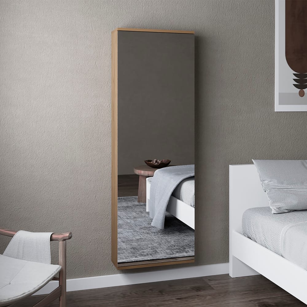 Beige Wall Mounted Shoe Rack Mirror - Bedroom Storage