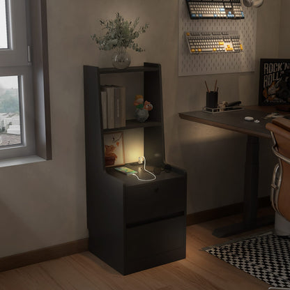 Black Particle Board Nightstand with USB Charging & Night Light for Bedroom