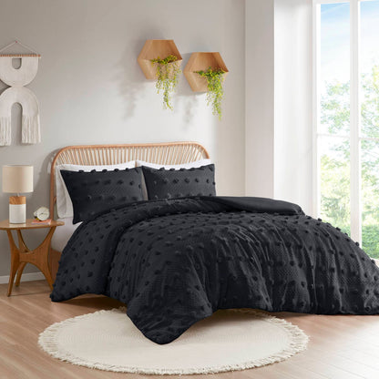 Black Clip Jacquard Duvet Cover Set - Full/Queen