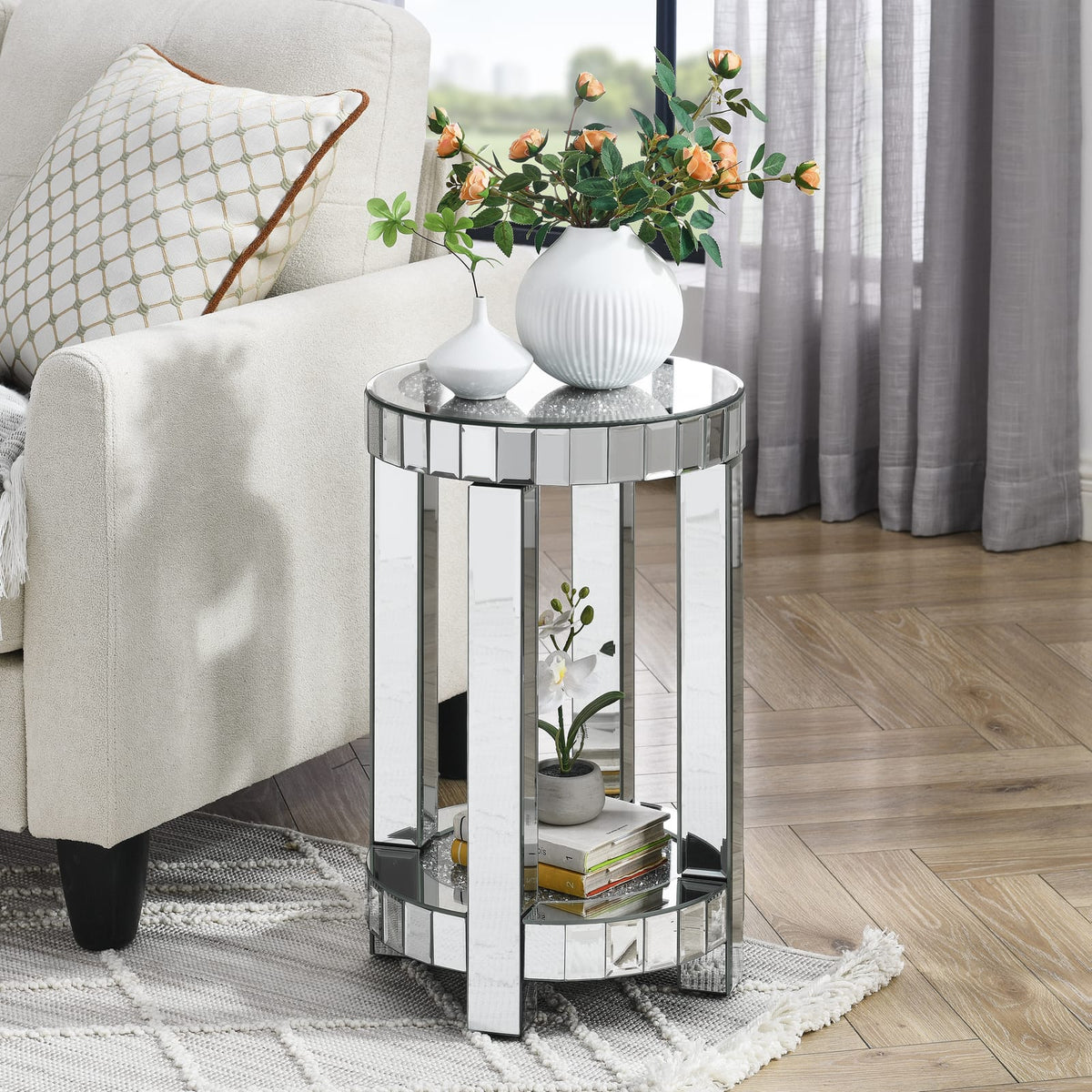 Round Silver Mirrored End Table - Living Room Coffee Table