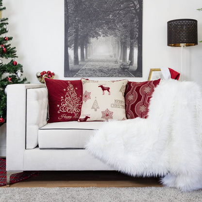 Merry Christmas Embroidered Throw Pillow - 20x20" Red Polyester Holiday Cushion