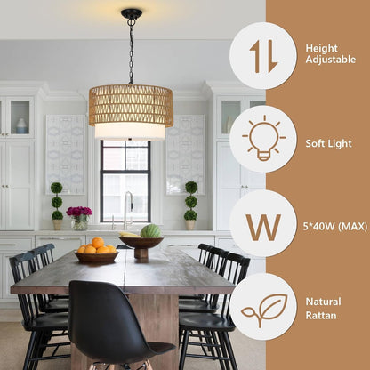 Farmhouse Rattan Chandelier - 5-Light Boho Dining Room Lighting