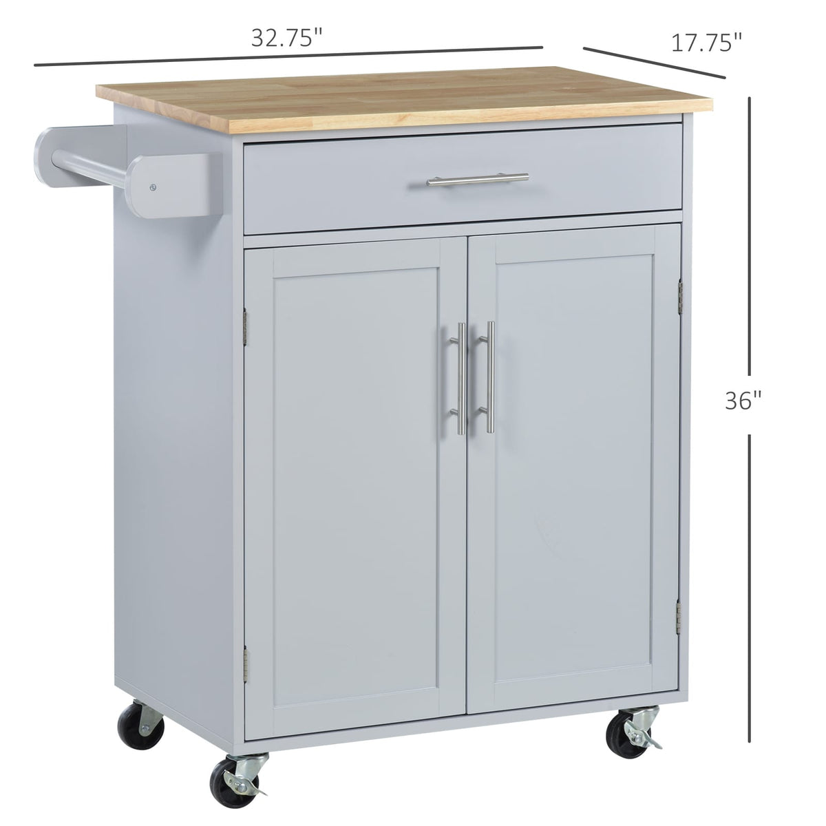 Grey Rubber Wood Kitchen Island Cart - Rolling Storage Table