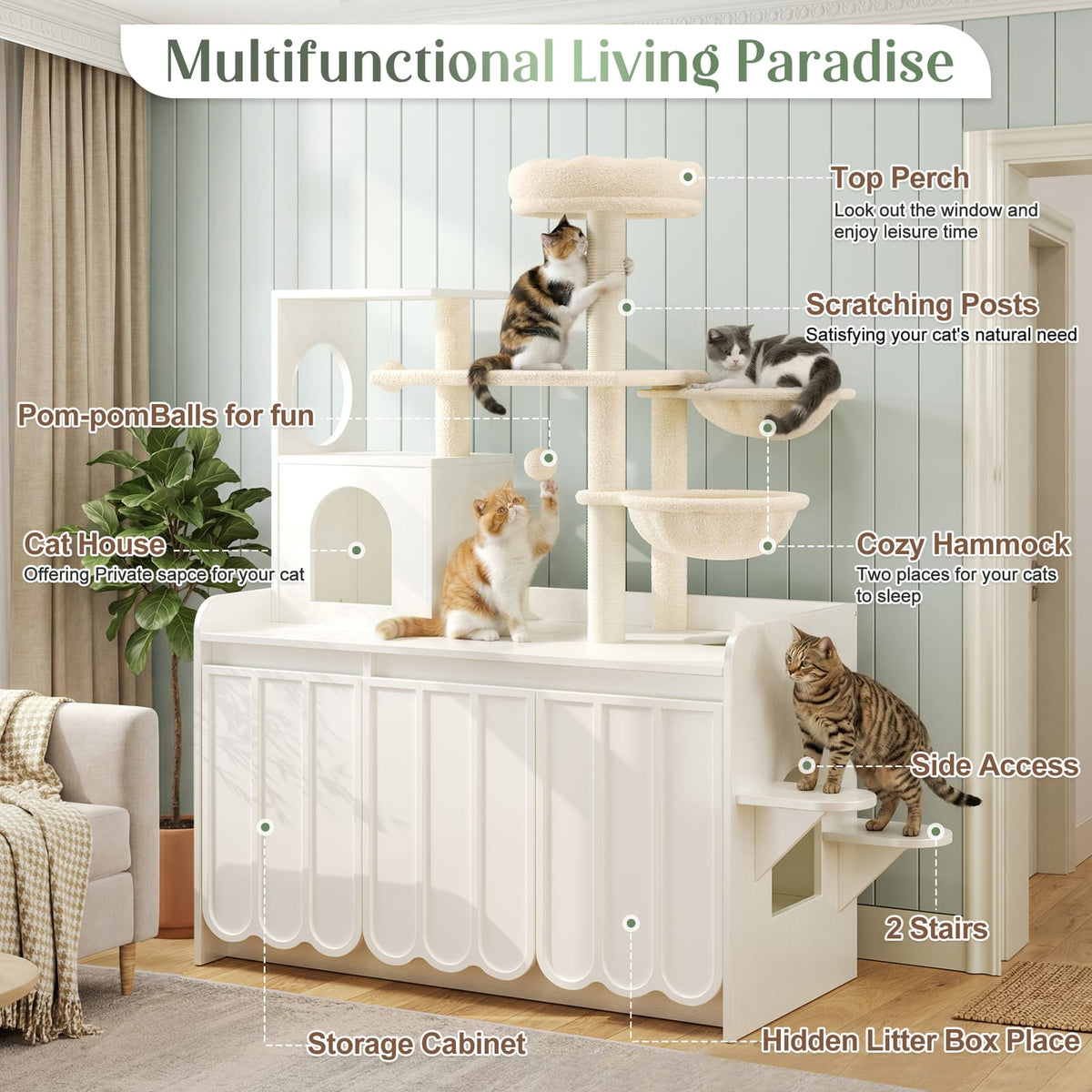 Modern Cat Condo with Storage, Litter Box Enclosure, and Sisal Posts