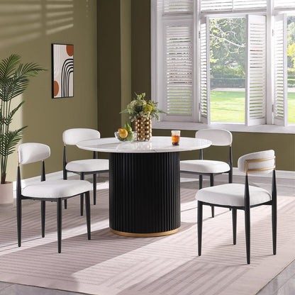 46 Inch Round Faux Marble Dining Table, Black Wave Metal Base - Accommodates 4 People