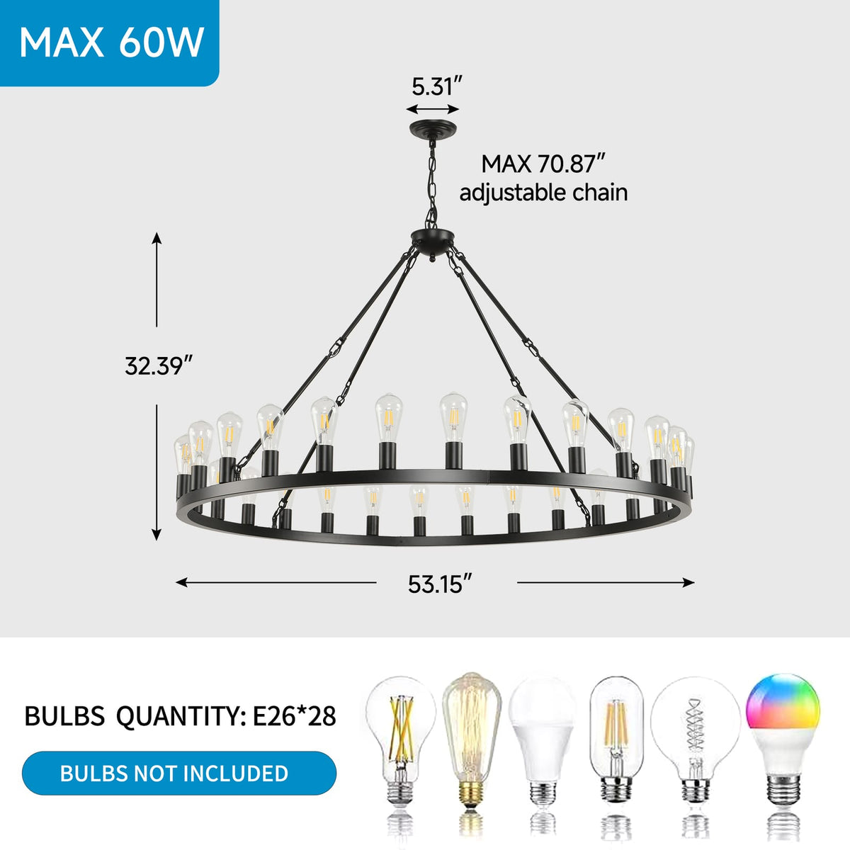 Large Black Wagon Wheel Chandelier - 28 Lights for Dining Room, Living Room