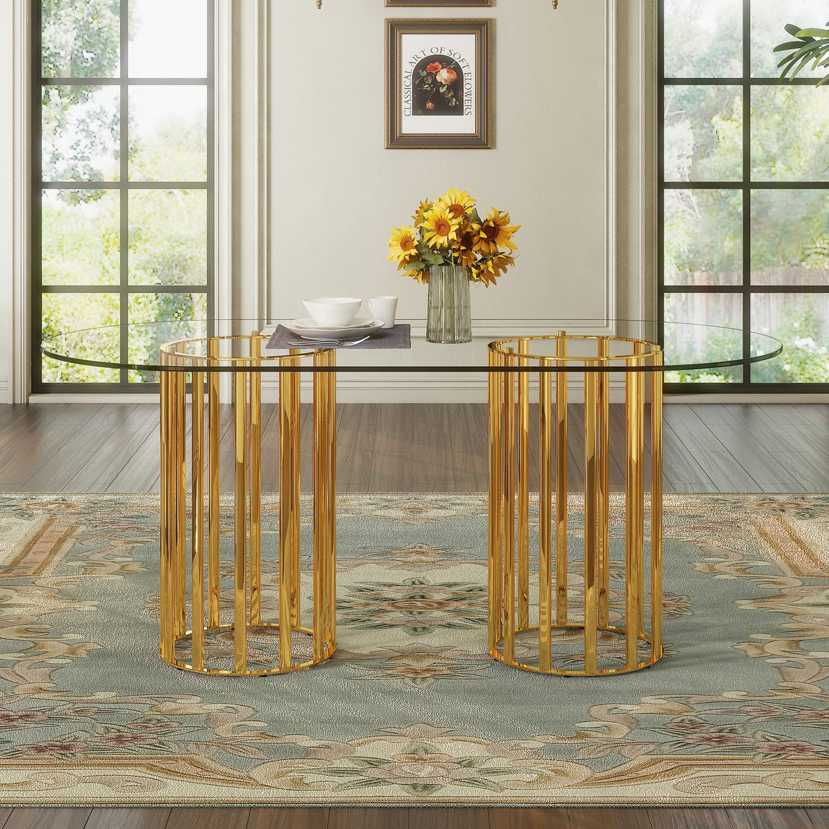 71 inch Gold Glass Dining Table for Kitchen or Dining Room