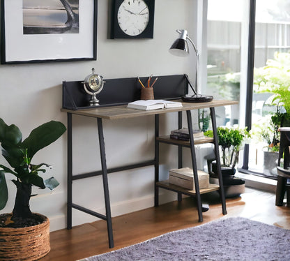 Rustic Oak Writing Desk with Black Legs & Storage for Home Office