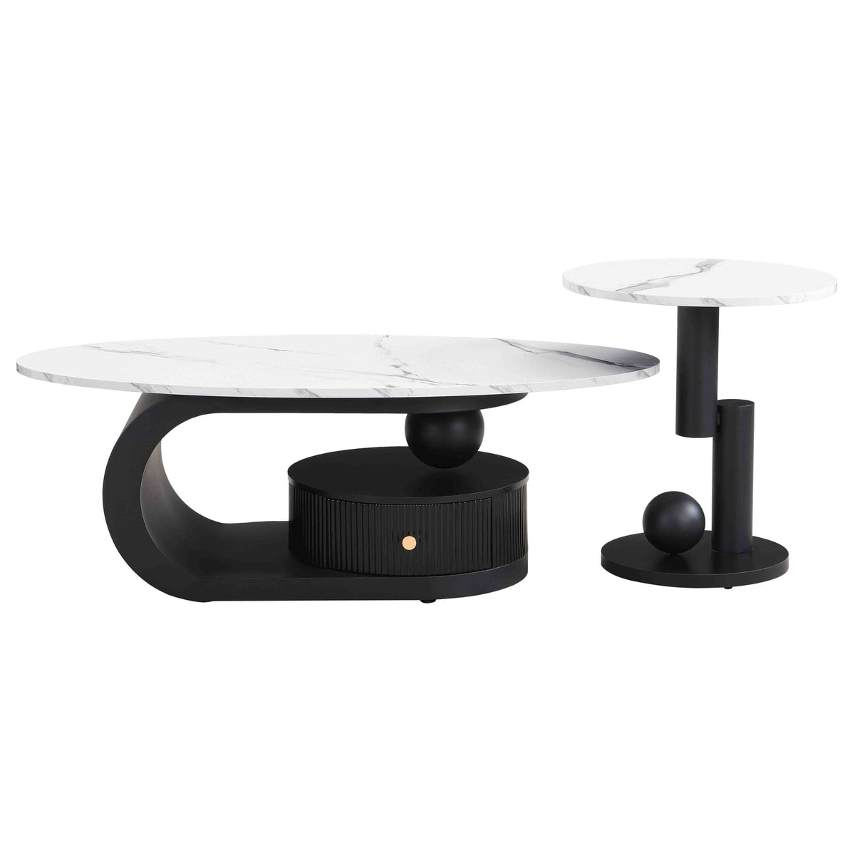 Modern Nesting Coffee Table Set of 2 End Tables - White+Black MDF Iron
