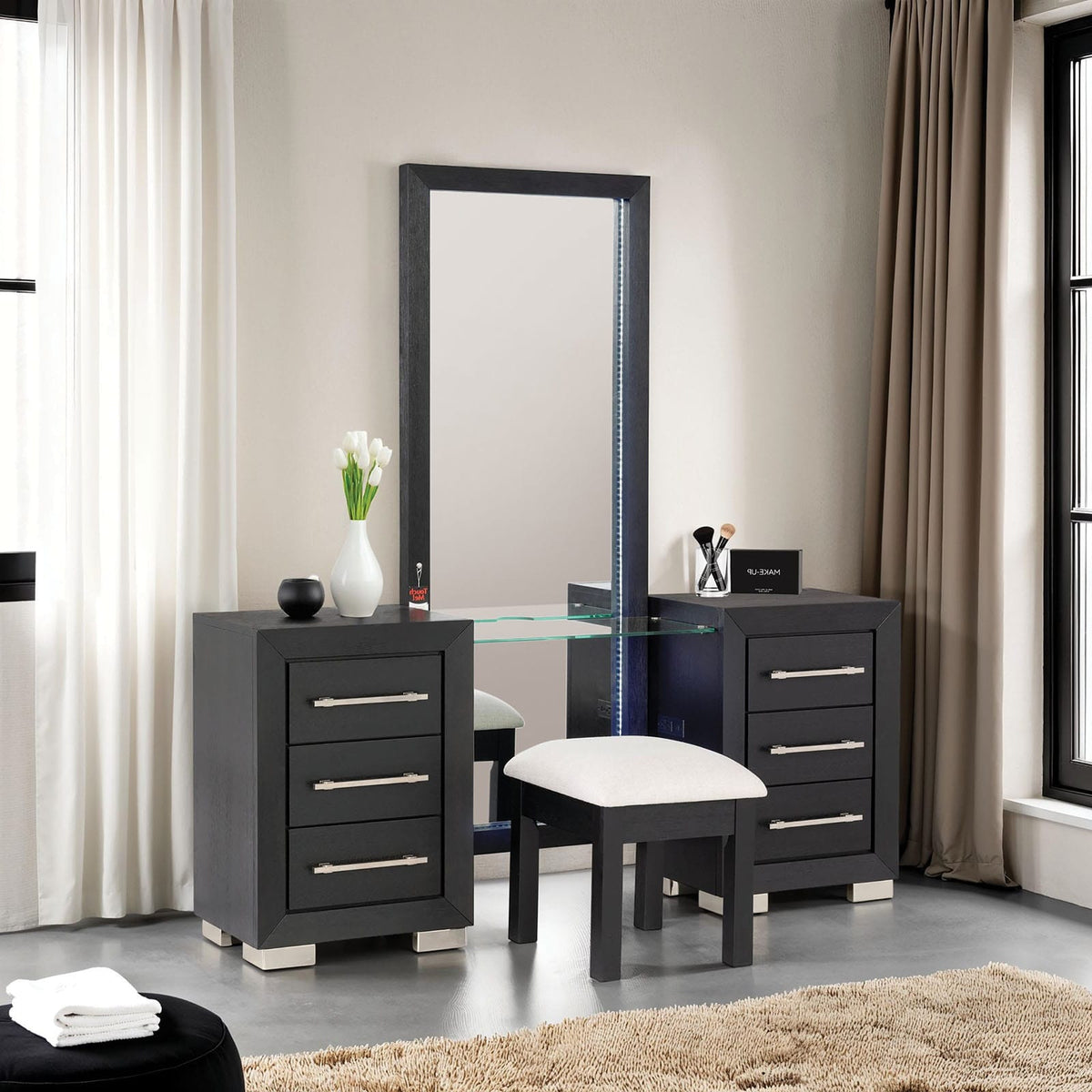 Black Acacia Wood Makeup Vanity with 5 Drawers for Bedroom