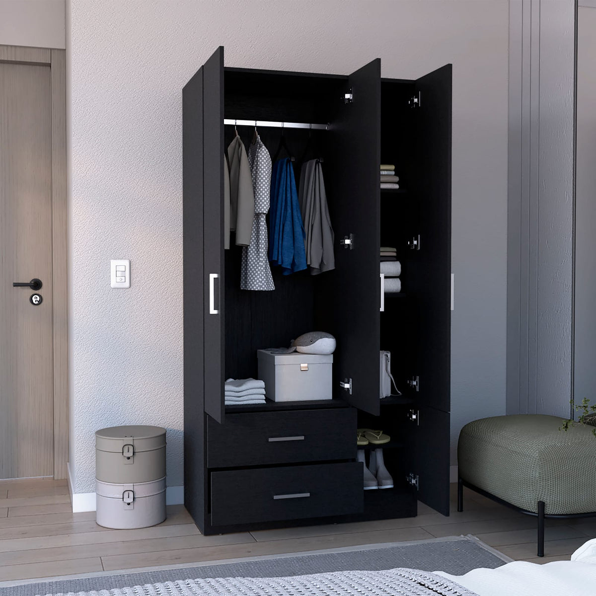 Black 71" Wardrobe with Hanging Rod & Shelves