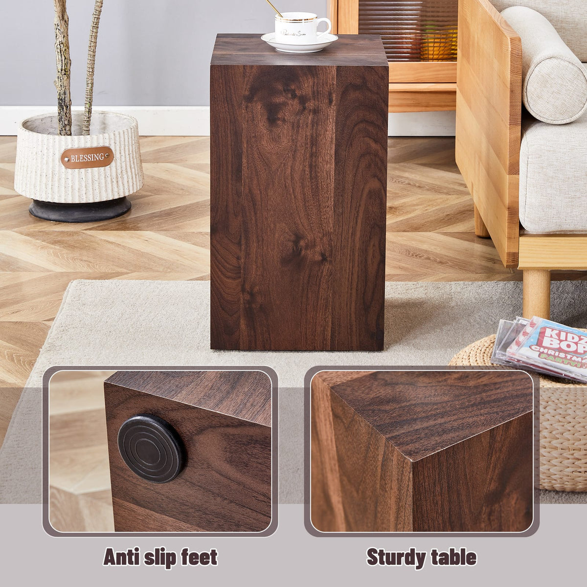 12x12 Walnut Wood Grain Coffee Table - MDF Side Table for Living Room