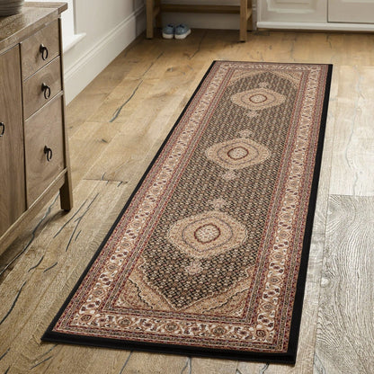 Black and Ivory Medallion Runner Rug - 118" x 31"