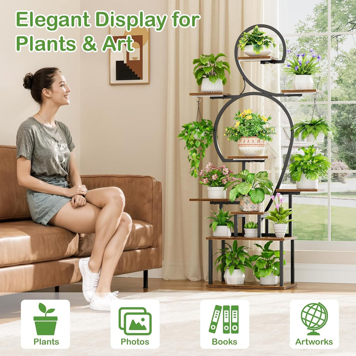 9 Tier Plant Stand Indoor with Grow Light - Walnut+Black