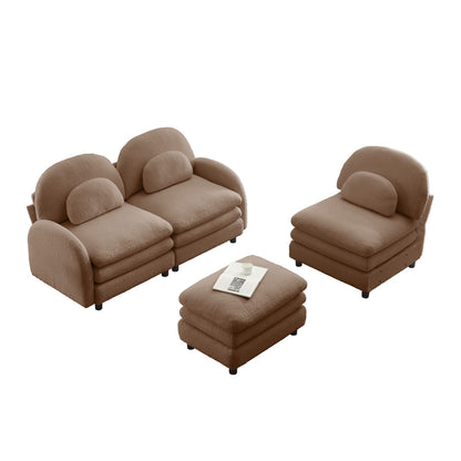 Camel Teddy Fabric 3-Seat Sofa - Curved Backrest & Armrests