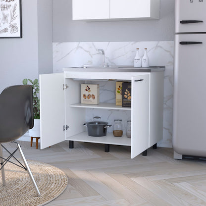 White Kitchen Sink Cabinet with 2 Sinks - Wood Finish