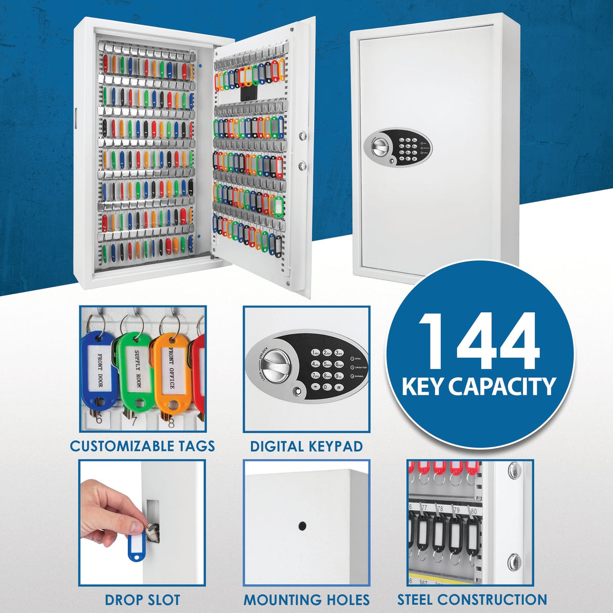 Digital Key Cabinet Wall Safe for 144 Keys in White Steel for Home Office
